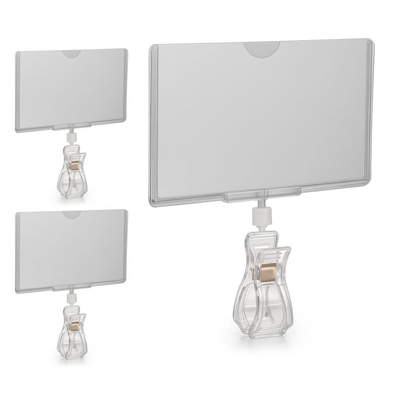 STORE FIXTURES DIRECT Rotating Clip On POP Swivel Sign Holding Clamp with Card Protector for Hangrails or Tubes - 3 Pack - Image 1